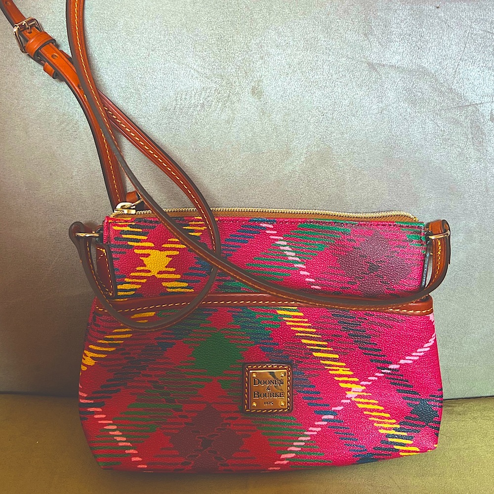 Red Plaid Leather Dooney and Burke Cross Body Bag